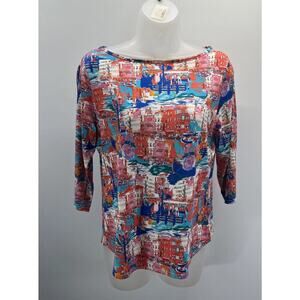 NWT Peck & Peck Top Petite Medium Colorful Floral Print 3/4 Sleeve Stretch